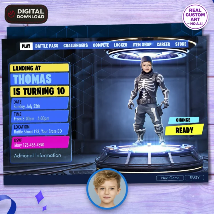 Fortnite Birthday Battle Royal Photo Invitation – Character Selection Screen Edition (24h Delivery) – Digital Download