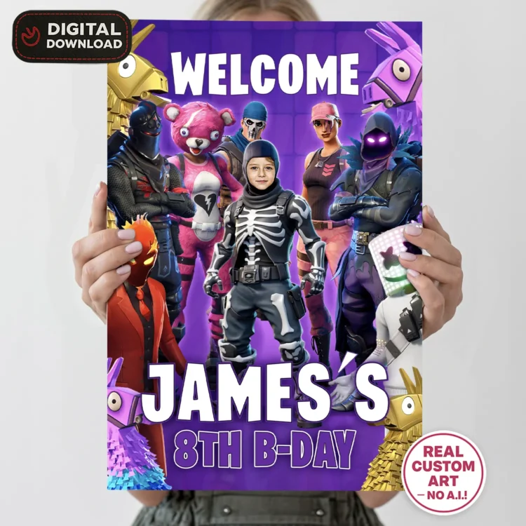 personalized-fortnite-photo-welcome-sign-and-party-deco-fortnite-kids-birthday-party-kids-2 Fortnite Welcome Sign with Photo – Personalized 16×24 Vertical (24h Delivery) – Digital Download