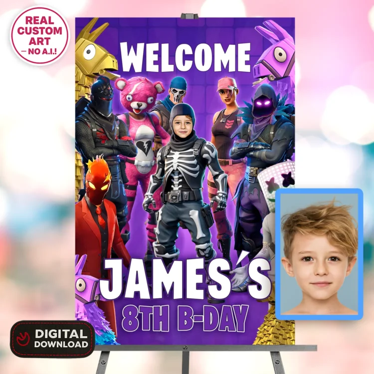personalized-fortnite-photo-welcome-sign-and-party-deco-fortnite-kids-birthday-party-kids-3 Fortnite Welcome Sign with Photo – Personalized 16×24 Vertical (24h Delivery) – Digital Download