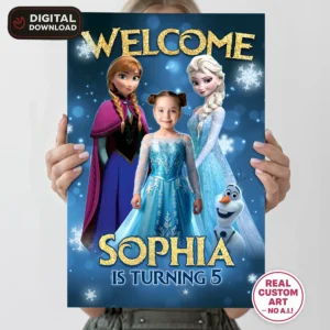Frozen Birthday Welcome Sign with Photo – Personalized 16×24 Vertical (24h Delivery) – Digital Download