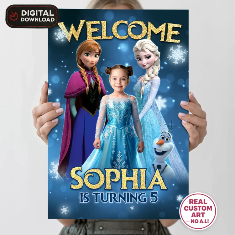Frozen Birthday Welcome Sign with Photo – Personalized 16×24 Vertical (24h Delivery) – Digital Download