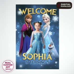 Frozen Birthday Welcome Sign with Photo – Personalized 16×24 Vertical (24h Delivery) – Digital Download