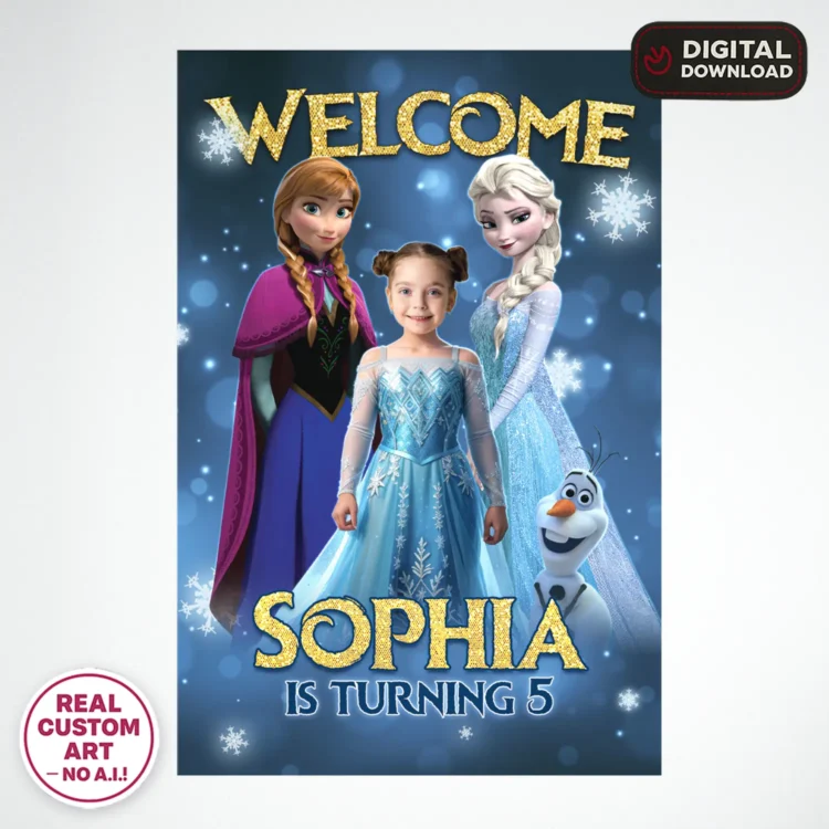 Frozen Birthday Welcome Sign with Photo – Personalized 16×24 Vertical (24h Delivery) – Digital Download