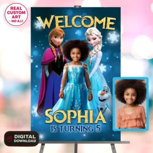 Frozen Birthday Welcome Sign with Photo – Personalized Princess Welcome Sign (24h Delivery) – Digital Download