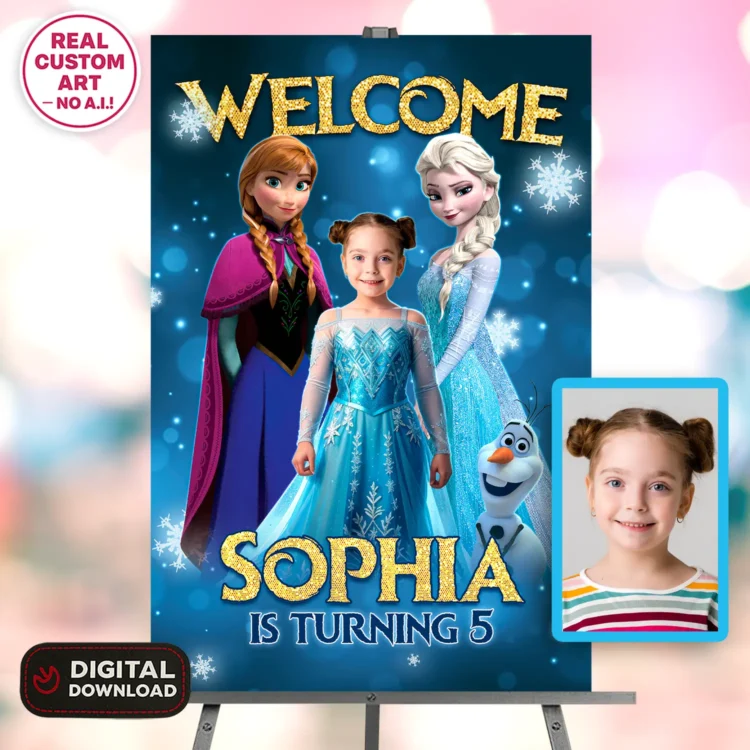 Frozen Birthday Welcome Sign with Photo – Personalized 16×24 Vertical (24h Delivery) – Digital Download