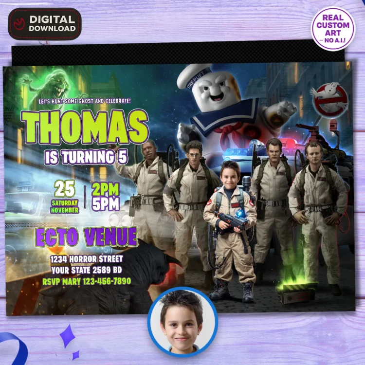 Ghostbusters Birthday Invitation with Photo – Personalized 5×7 Horizontal (24h Delivery) – Digital Download