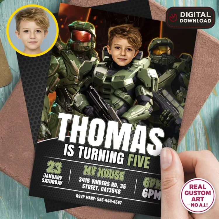 Halo Birthday Invitation with Photo – Personalized 5×7 Horizontal (24h Delivery) – Digital Download