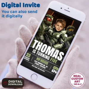 Halo Birthday Invitation with Photo – Personalized 5×7 Horizontal (24h Delivery) – Digital Download