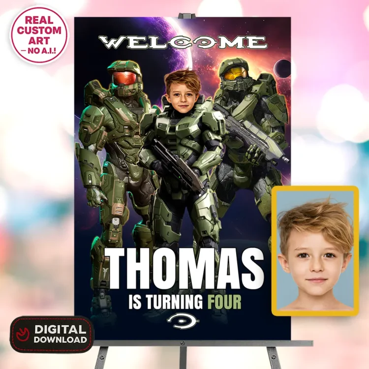 Halo Birthday Photo Welcome Sign – Personalized Spartan Party Decor (24h Delivery) – Digital Download