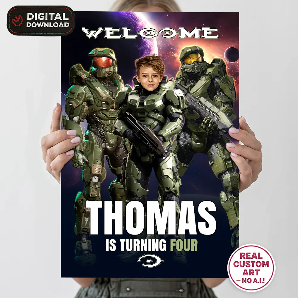 Halo Birthday Photo Welcome Sign – Personalized Spartan Party Decor (24h Delivery) – Digital Download