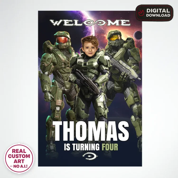 Halo Birthday Photo Welcome Sign – Personalized Spartan Party Decor (24h Delivery) – Digital Download