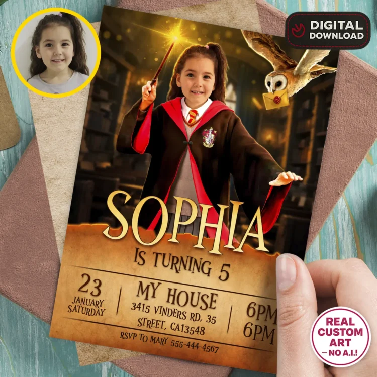 Harry Potter Gryffindor Birthday Invitation with Photo – Personalized 5×7 Vertical (24h Delivery) – Digital Download