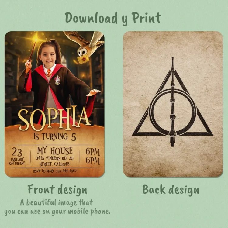 Harry Potter Gryffindor Birthday Invitation with Photo – Personalized 5×7 Vertical (24h Delivery) – Digital Download