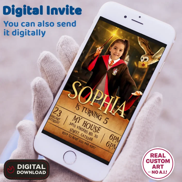 Harry Potter Gryffindor Birthday Invitation with Photo – Personalized 5×7 Vertical (24h Delivery) – Digital Download