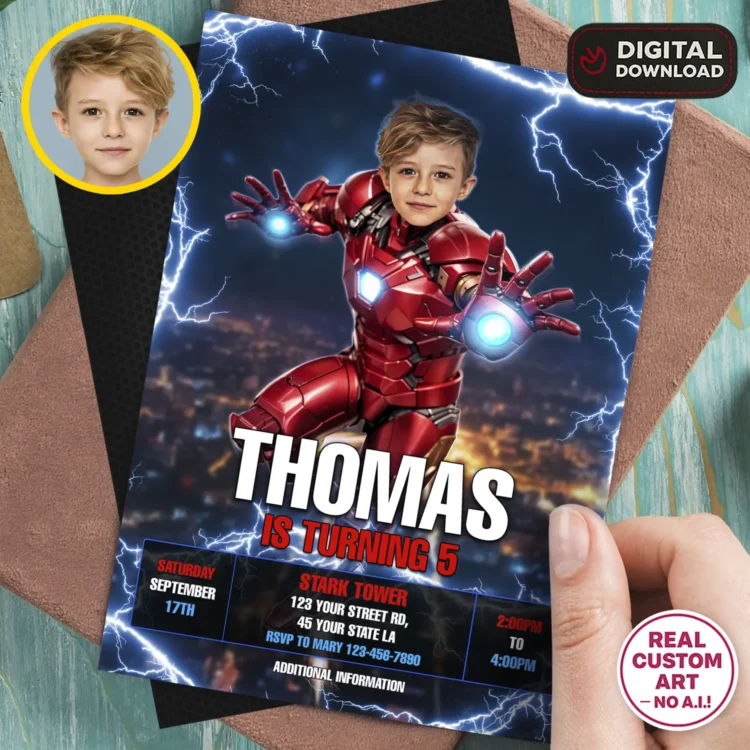 Iron Man Birthday Invitation with Photo – Personalized Superhero Photo Card (24h Delivery) – Digital Download