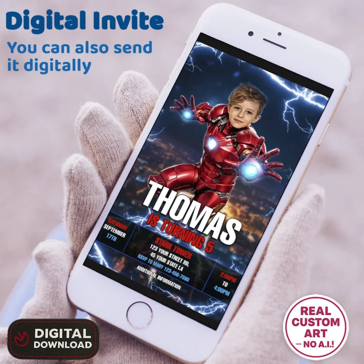 Iron Man Birthday Invitation with Photo – Personalized Superhero Photo Card (24h Delivery) – Digital Download