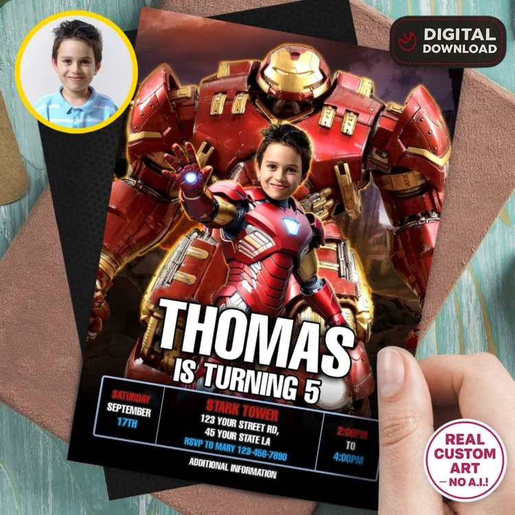 personalized-ironman-photo-invitation-and-party-deco-ironam-kids-birthday-ironman-photo-card-Hulkbuster Iron Man Hulkbuster Birthday Invitation with Photo – Personalized Superhero Design (24 h Delivery) – Digital Download