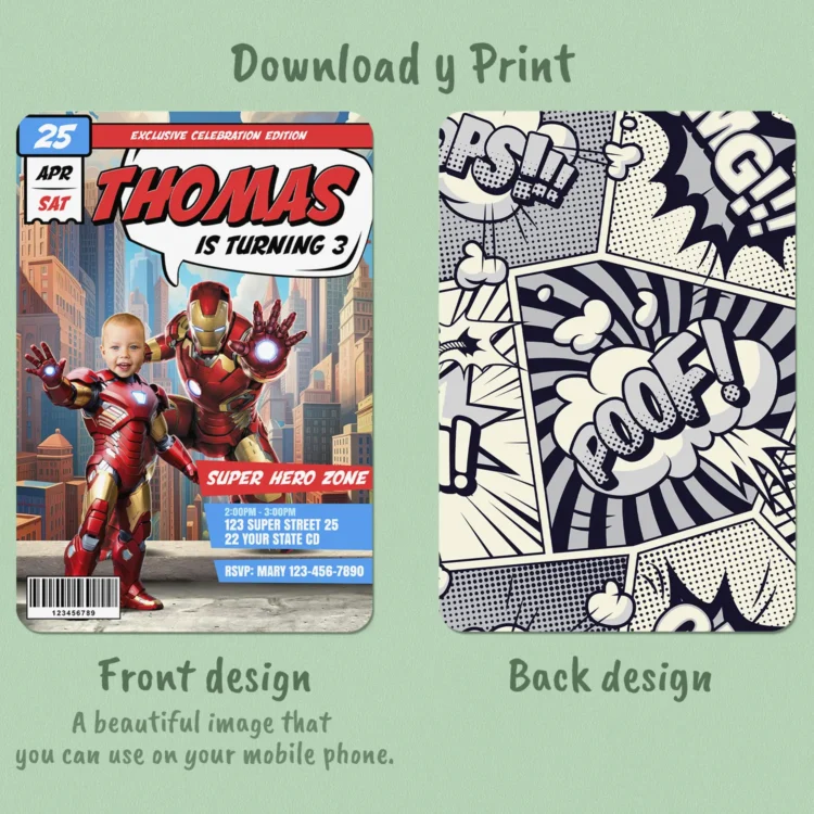 Iron Man Birthday Invitation with Photo – Personalized Comic-Style Superhero Design (24h Delivery) – Digital Download