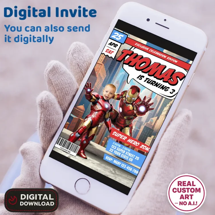 Iron Man Birthday Invitation with Photo – Personalized Comic-Style Superhero Design (24h Delivery) – Digital Download