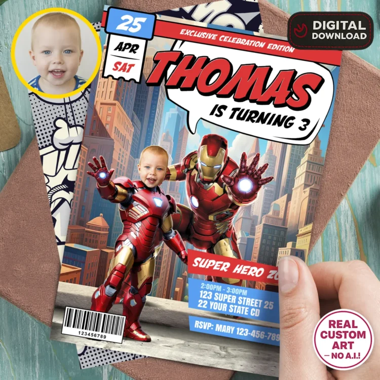 Iron Man Birthday Invitation with Photo – Personalized Comic-Style Superhero Design (24h Delivery) – Digital Download