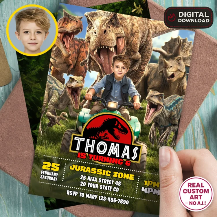 Jurassic World Birthday Invitation with Photo – Personalized 5×7 Vertical (24h Delivery) – Digital Download