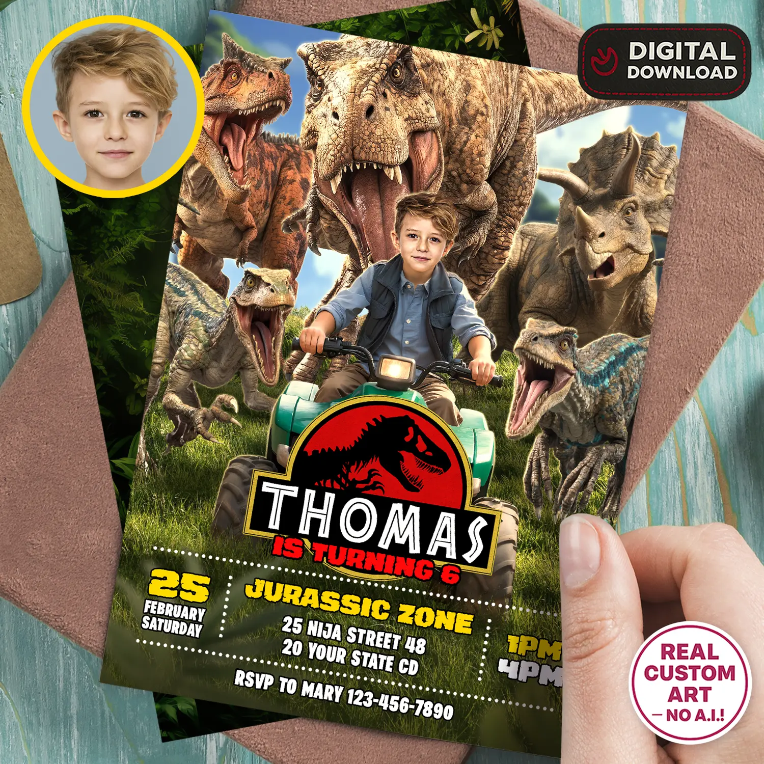 Jurassic World Birthday Invitation with Photo – Personalized 5×7 Vertical (24h Delivery) – Digital Download
