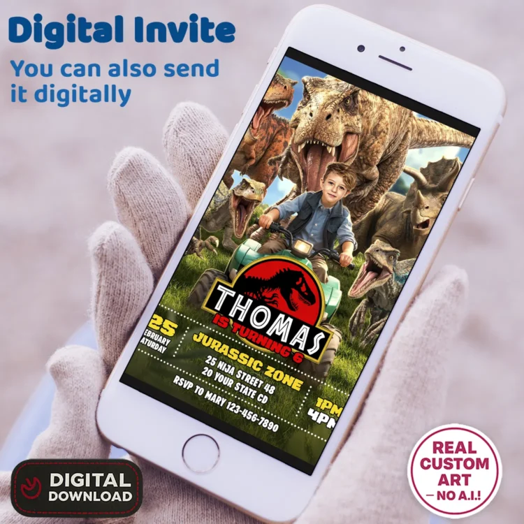 Jurassic World Birthday Invitation with Photo – Personalized 5×7 Vertical (24h Delivery) – Digital Download