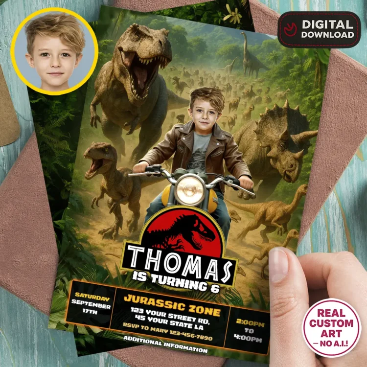 Dinosaur Birthday Photo Invitation – Personalized Jurassic Photo Card (24h Delivery) – Digital Download