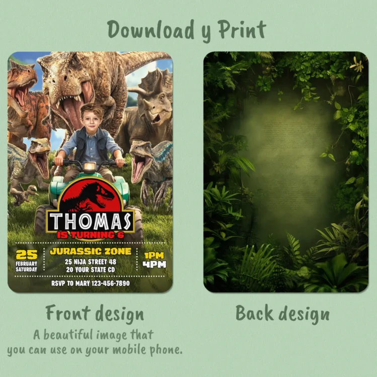 Jurassic World Birthday Invitation with Photo – Personalized 5×7 Vertical (24h Delivery) – Digital Download