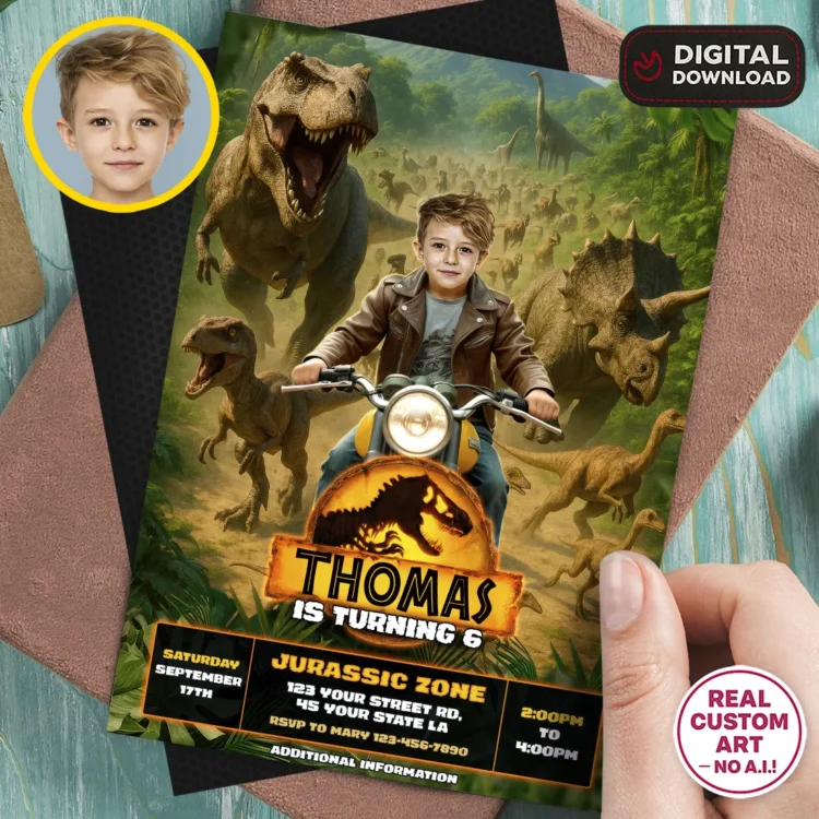 Jurassic Park Birthday Photo Invitation – Personalized Dinosaur Photo Card (24h Delivery) – Digital Download
