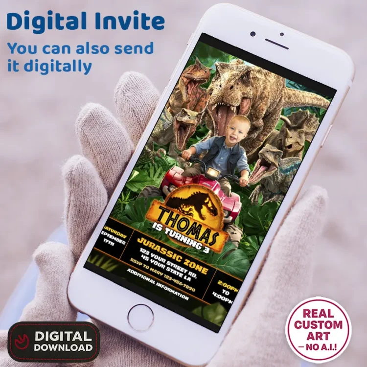 Jurassic Park Birthday Photo Invitation – Personalized Dinosaur Photo Card (24h Delivery) – Digital Download