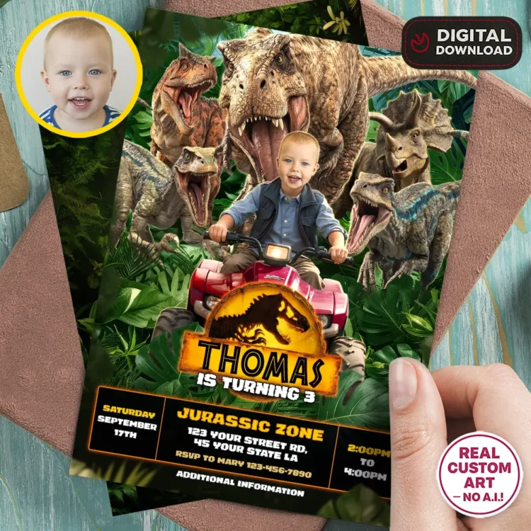 Jurassic Park Birthday Photo Invitation – Personalized Dinosaur Photo Card (24h Delivery) – Digital Download