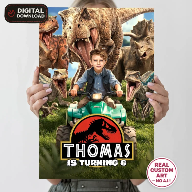 Jurassic World Welcome Sign with Photo – Personalized 16×24 Vertical (24h Delivery) – Digital Download