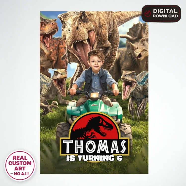 Jurassic World Welcome Sign with Photo – Personalized 16×24 Vertical (24h Delivery) – Digital Download