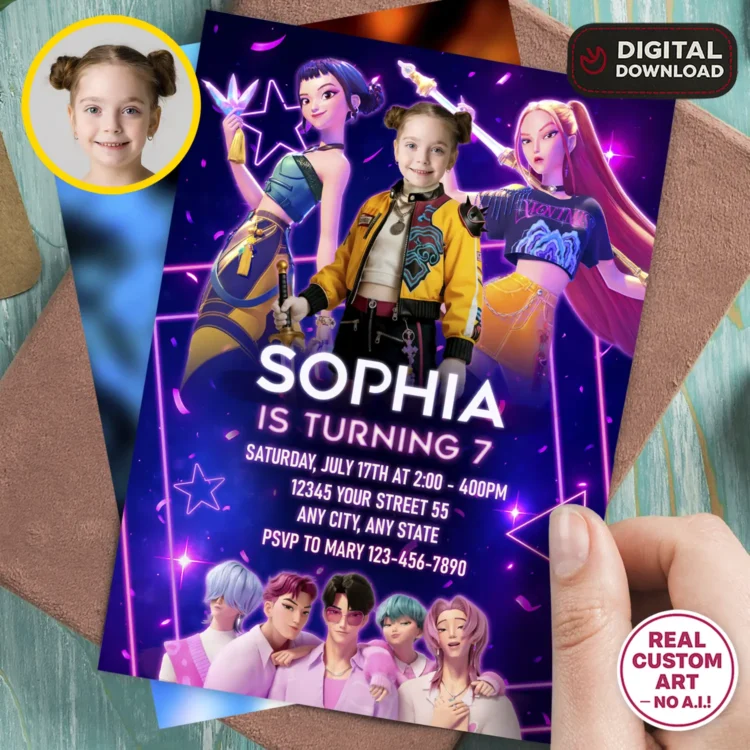 K-Pop Demon Hunters Birthday Invitation with Photo – Personalized Huntrix Popstar Card (24h Delivery) – Digital Download
