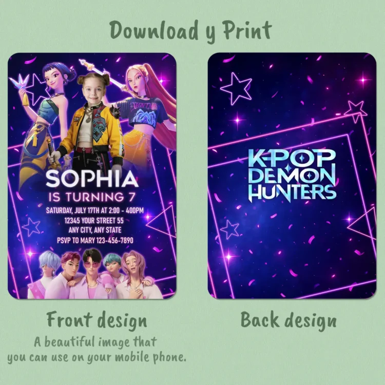 K-Pop Demon Hunters Birthday Invitation with Photo – Personalized Huntrix Popstar Card (24h Delivery) – Digital Download