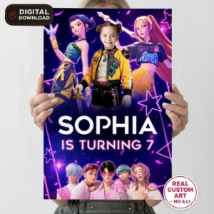 personalized-kpop-demon-hunters-photo-welcome-sign-and-party-deco-kpop-demon-hunters-kids-birthday-girls-birthday-card-1 K-Pop Demon Hunters Welcome Sign with Photo – Personalized Rumi Entrance Poster (24h Delivery) – Digital Download
