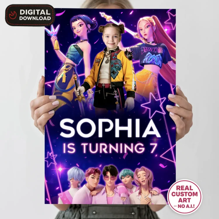 personalized-kpop-demon-hunters-photo-welcome-sign-and-party-deco-kpop-demon-hunters-kids-birthday-girls-birthday-card-1 K-Pop Demon Hunters Welcome Sign with Photo – Personalized Rumi Entrance Poster (24h Delivery) – Digital Download