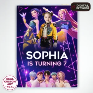 personalized-kpop-demon-hunters-photo-welcome-sign-and-party-deco-kpop-demon-hunters-kids-birthday-girls-birthday-card-2 K-Pop Demon Hunters Welcome Sign with Photo – Personalized Rumi Entrance Poster (24h Delivery) – Digital Download