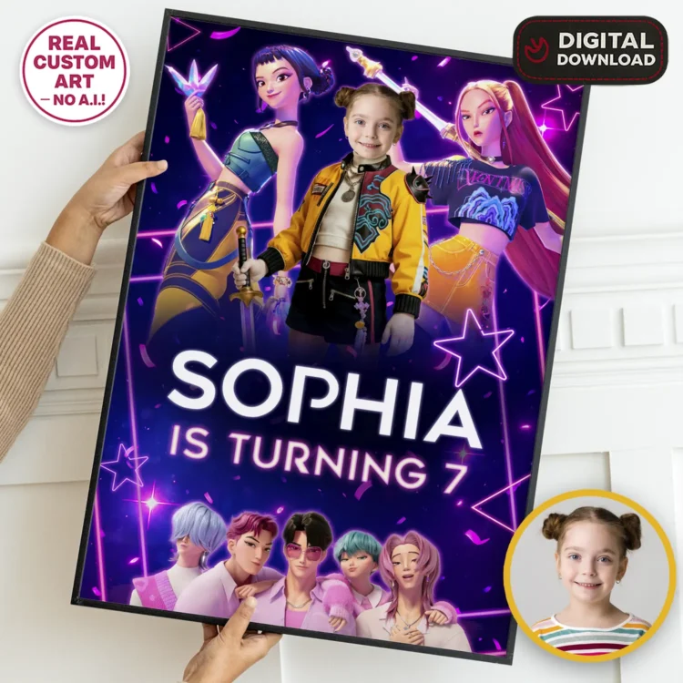 personalized-kpop-demon-hunters-photo-welcome-sign-and-party-deco-kpop-demon-hunters-kids-birthday-girls-birthday-card-3 K-Pop Demon Hunters Welcome Sign with Photo – Personalized Rumi Entrance Poster (24h Delivery) – Digital Download