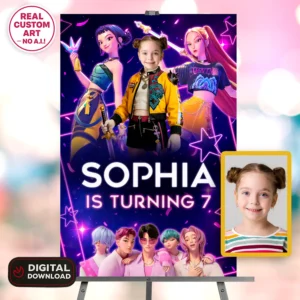 personalized-kpop-demon-hunters-photo-welcome-sign-and-party-deco-kpop-demon-hunters-kids-birthday-girls-birthday-card-4 K-Pop Demon Hunters Welcome Sign with Photo – Personalized Rumi Entrance Poster (24h Delivery) – Digital Download