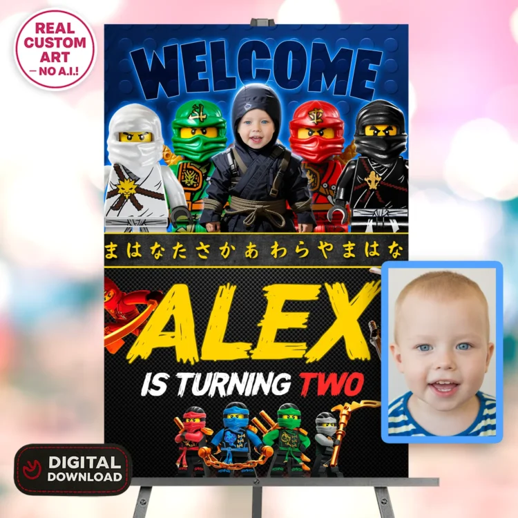 personalized-lego-ninjago-photo-welcome-suign-and-party-deco-lego-ninjago-kids-birthday-lego-ninjago-photo-card-1 Lego Ninjago Birthday Welcome Sign with Photo – Personalized 16×24 Vertical (24h Delivery) – Digital Download