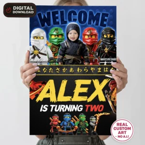 personalized-lego-ninjago-photo-welcome-suign-and-party-deco-lego-ninjago-kids-birthday-lego-ninjago-photo-card-2 Lego Ninjago Birthday Welcome Sign with Photo – Personalized 16×24 Vertical (24h Delivery) – Digital Download