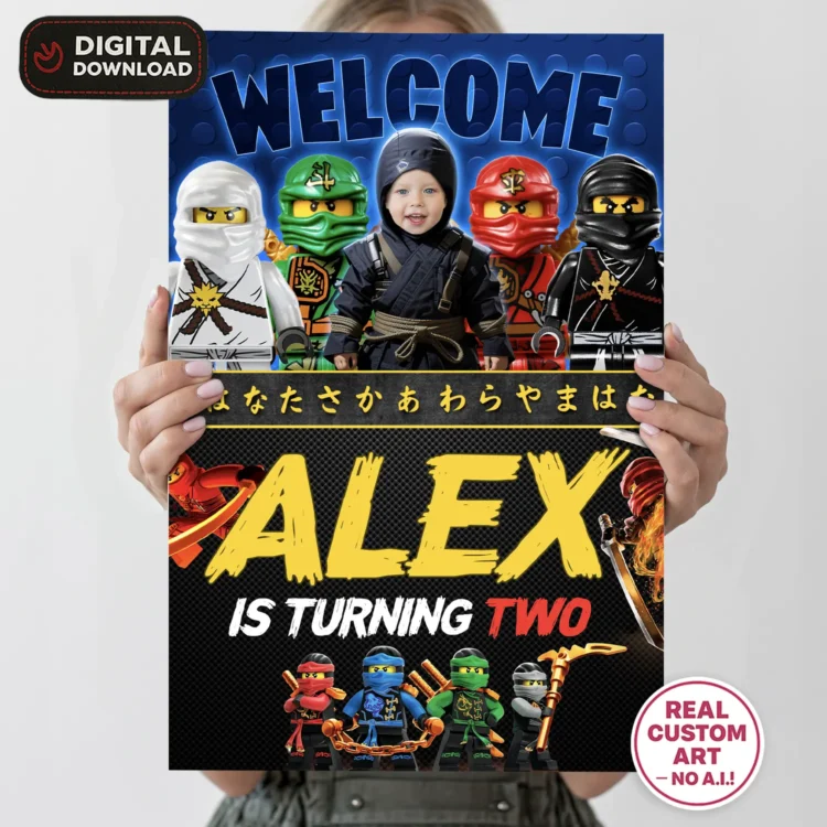 personalized-lego-ninjago-photo-welcome-suign-and-party-deco-lego-ninjago-kids-birthday-lego-ninjago-photo-card-2 Lego Ninjago Birthday Welcome Sign with Photo – Personalized 16×24 Vertical (24h Delivery) – Digital Download