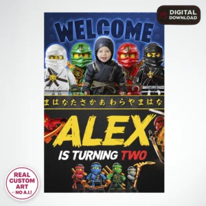 personalized-lego-ninjago-photo-welcome-suign-and-party-deco-lego-ninjago-kids-birthday-lego-ninjago-photo-card-3 Lego Ninjago Birthday Welcome Sign with Photo – Personalized 16×24 Vertical (24h Delivery) – Digital Download