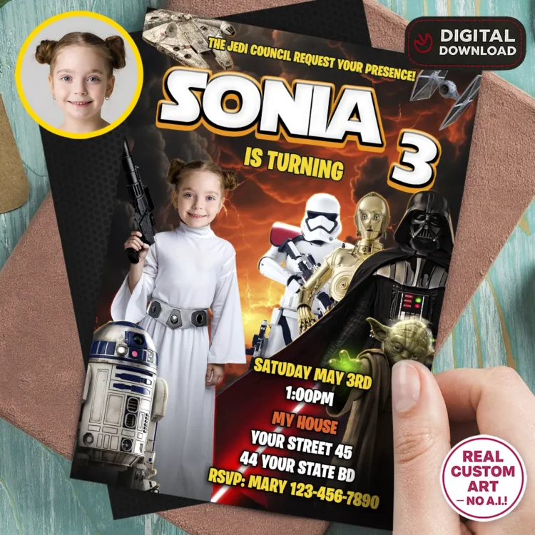 Star Wars Princess Leia Birthday Photo Invitation – Leia Custom Card (24h Delivery) – Digital Download