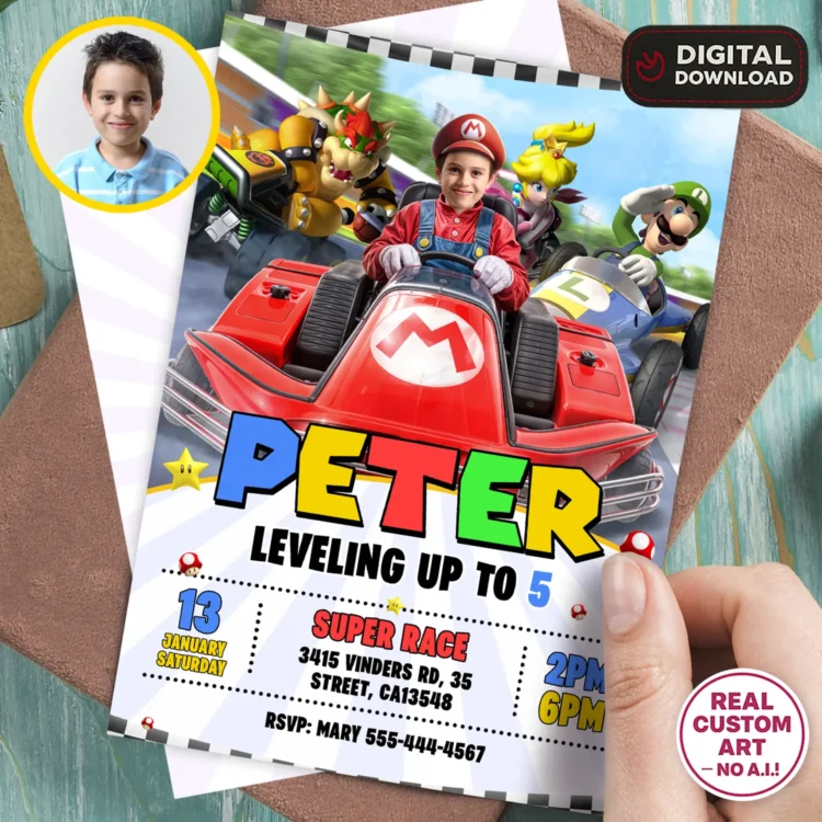 Mario Kart Birthday Invitation with Photo – Personalized 5×7 Vertical (24 h Delivery) – Digital Download