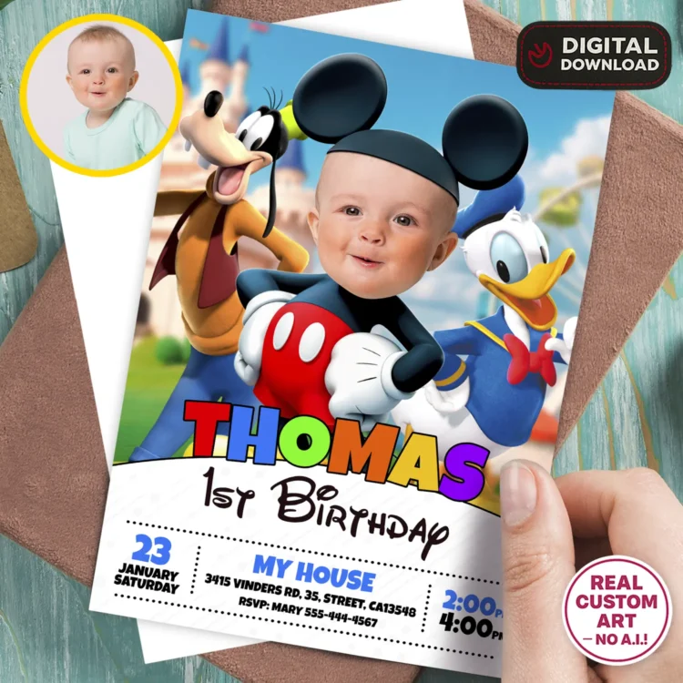 Baby Mickey Mouse Birthday Invitation with Photo – Personalized Baby Mickey Photo Card (24h Delivery) – Digital Download