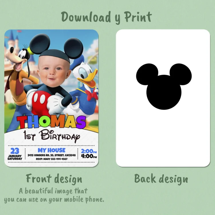 Baby Mickey Mouse Birthday Invitation with Photo – Personalized Baby Mickey Photo Card (24h Delivery) – Digital Download