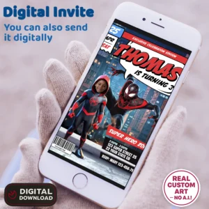 Miles Morales Birthday Invitation with Photo – Personalized Superhero Comic Card (24h Delivery) – Digital Download